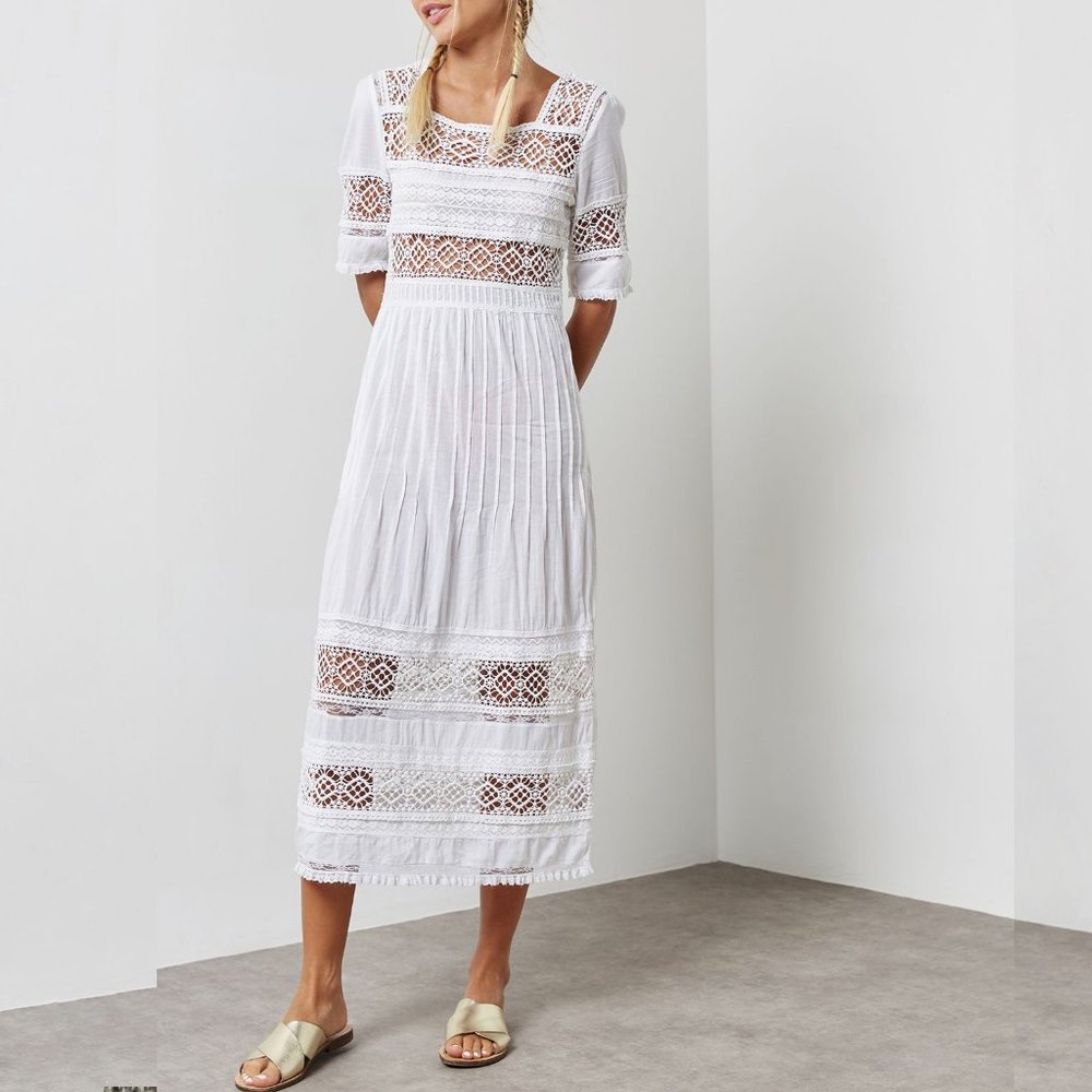 Topshop Broderie White Cotton Midi Dress with Sheer Lace Panels